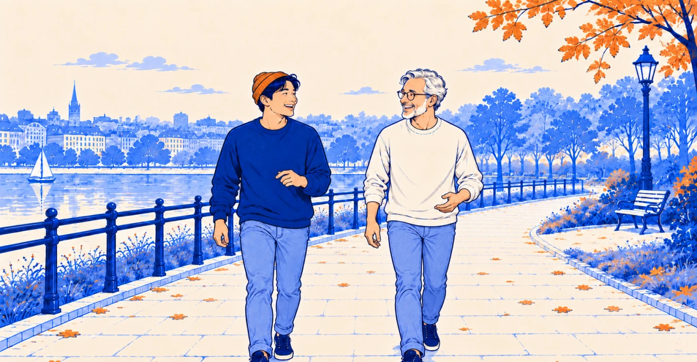 Illustration of a father and his adult son walking beside the water and talking on a November day.