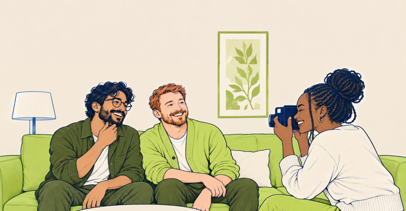 Illustration of three friends sitting on a sofa and taking a progress photo together.
