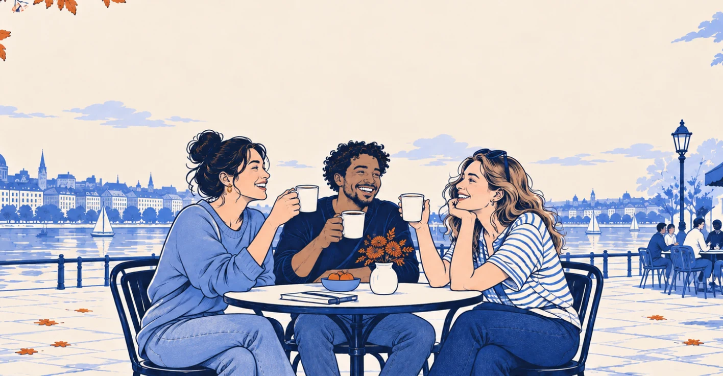 Three friends sharing coffee at an autumn waterfront café.