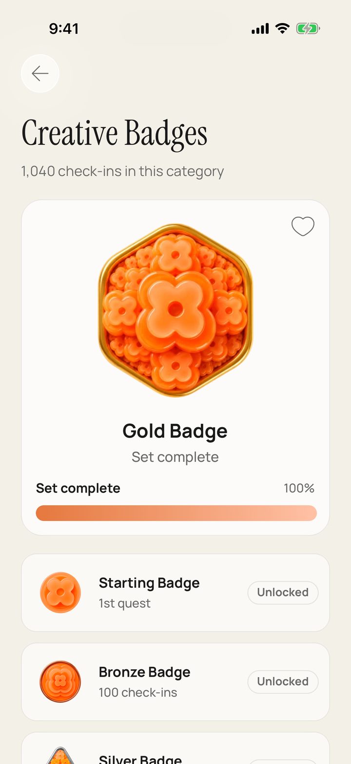 Creative badges: the Gold Badge set, with Starting and Bronze badges unlocked