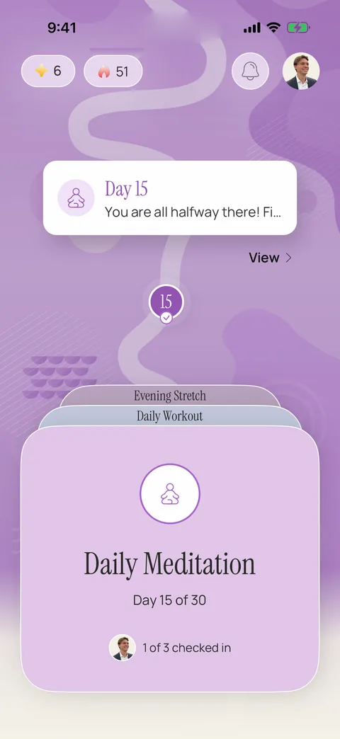 Daily Meditation challenge in Quests with a roadmap showing day 15 of 30