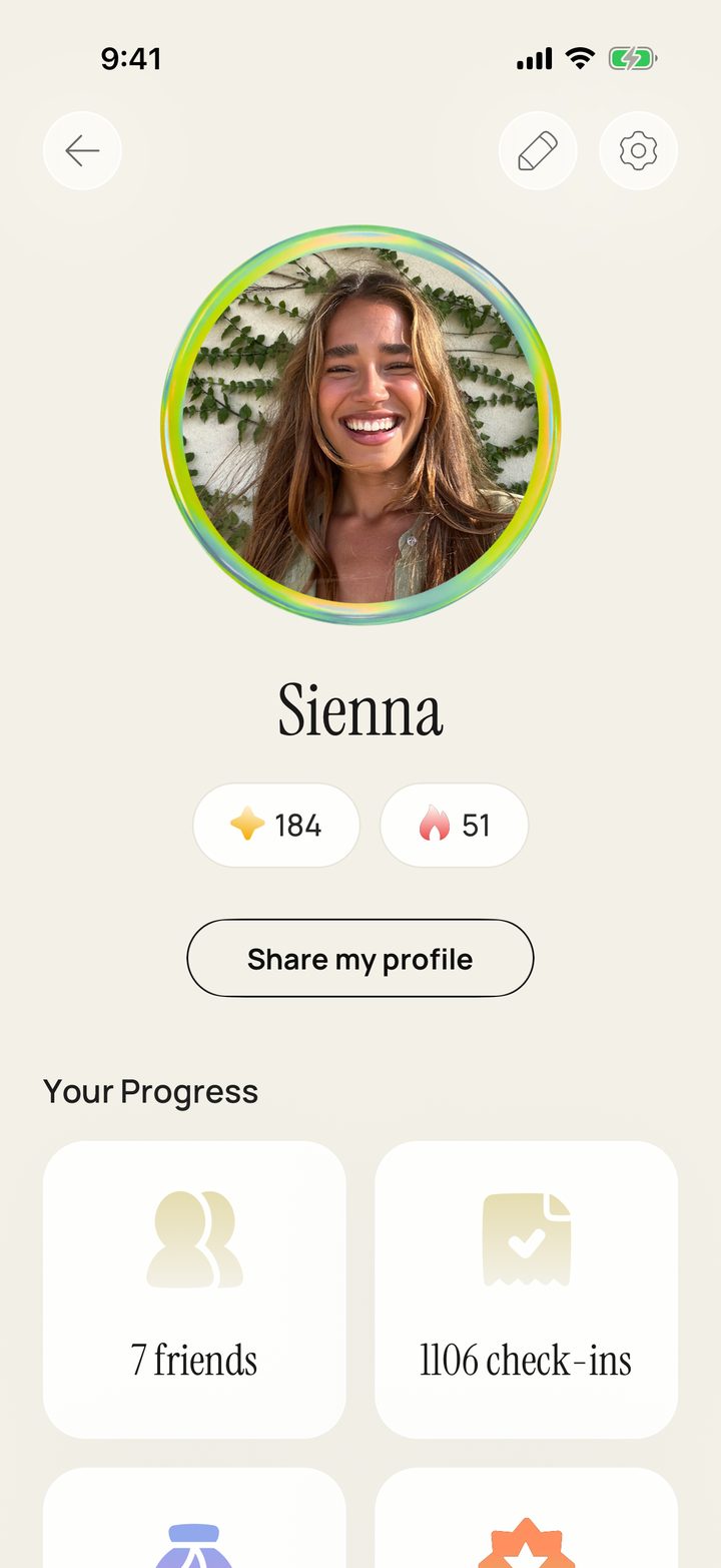 A profile page: Sienna, 184 Sparks, 7 friends, 1,106 check-ins